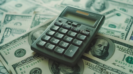 calculator and dollar banknotes on white background
