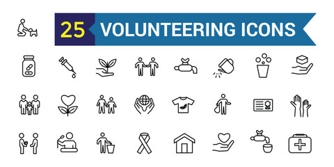Volunteering icons set. Outline set of volunteering icons for ui design. Outline icon collection. Editable stroke.