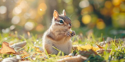 Adorable chipmunk enjoying a corn kernel in a verdant park, with a fluffy tail and tiny paws...