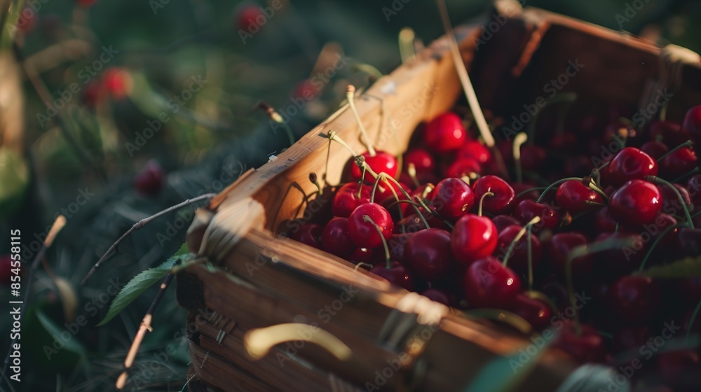 Canvas Prints Cherry picking, tight focus on cherries in a wooden basket, bright red, early morning light 