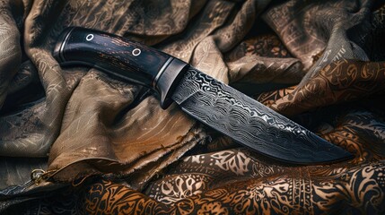 Damascus patterned fixed blade knife with file work and thumb groove on fabric background Great gift item with copy space and bokeh effect © The 2R Artificiality