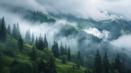 Obraz premium Misty mountain scenery in the Carpathian range of Ukraine.