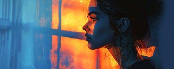 Dark silhouette of a person, possibly a woman, smoking a cigarette in a window