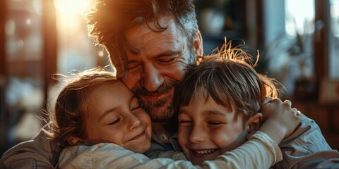 Obraz premium Delighted dad embracing his two children in their residence.
