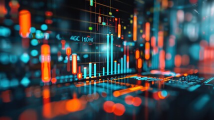 A vibrant digital financial data visualization showing fluctuating stock market trends with dynamic charts and graphs on a screen.