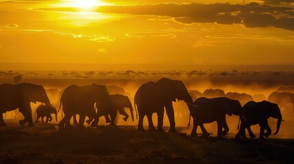 Fototapeta premium A vibrant sunset casting golden hues over the savanna, with a herd of elephants slowly trekking across the landscape, their silhouettes stark against the setting sun.