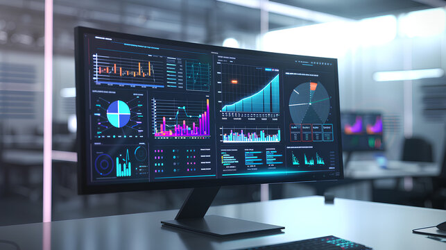 Computer monitor displaying an abstract network monitoring dashboard with real-time data analytics, graphs, and system health indicators