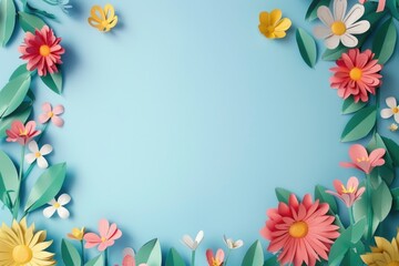 Colorful Spring Floral Border on Blue Background - Ideal for Greeting Card Design, Posters, and Print