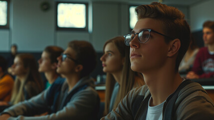 Obraz premium Satisfied young man looking at camera while sitting at desk in classroom. Portrait of college guy writing while completing assignment.