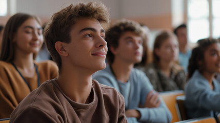 Obraz premium Satisfied young man looking at camera while sitting at desk in classroom. Portrait of college guy writing while completing assignment.