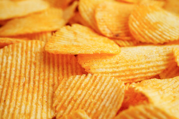 Potato chips , delicious BBQ seasoning spicy for crips, thin slice deep fried snack fast food.