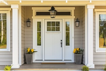 White door on the exterior wall of minimalistically decorated front porch with some flowers