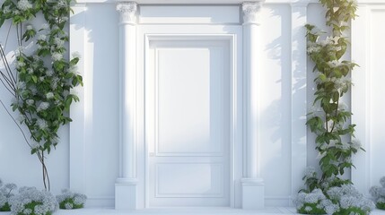 White door on the exterior wall of minimalistically decorated front porch with some flowers