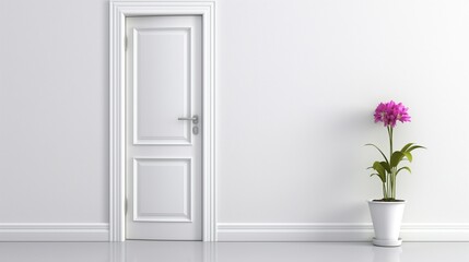 White door on the exterior wall of minimalistically decorated front porch with some flowers