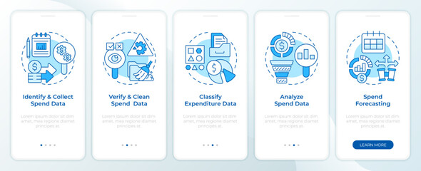 Spend management strategy blue onboarding mobile app screen. Walkthrough 5 steps editable graphic instructions with linear concepts. UI, UX, GUI template. Montserrat SemiBold, Regular fonts used