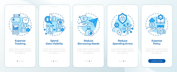 Spend organization benefits blue onboarding mobile app screen. Walkthrough 5 steps editable graphic instructions with linear concepts. UI, UX, GUI template. Montserrat SemiBold, Regular fonts used