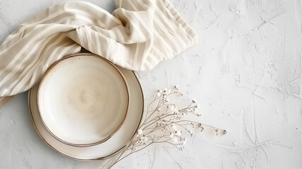table setting with cutlery and linen napkin on a conkrete table, perfect for a dinner. Fashionable tableware decorations.