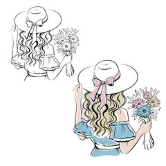 Blonde woman girl in a blue summer dress and hat with a bouquet of flowers. Rear view, feeling of self-love, bliss, harmony, positive emotions. Happy calm peaceful girl. Monochrome and color