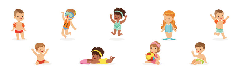 Small Children Having Fun In Water of the Pool Vector Set