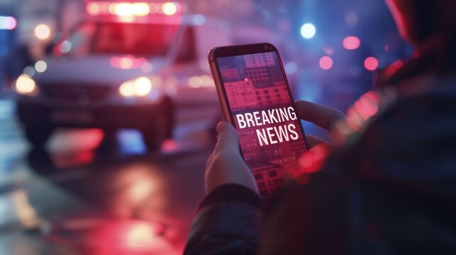 Mobile phone displaying breaking news and media coverage, emphasizing real-time updates and information accessibility.
