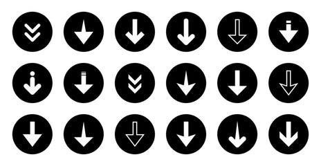 Down arrow icon set collection on black circle. Decrease concept