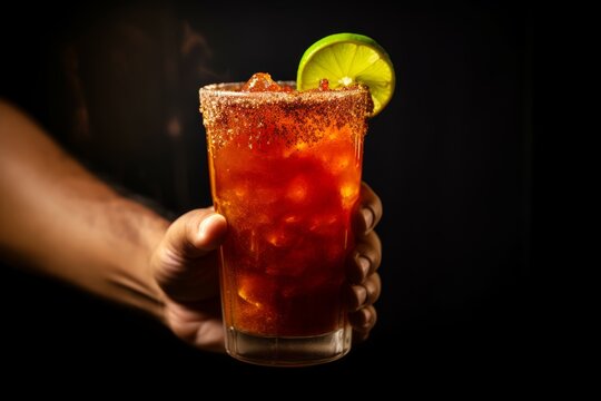Hand holding a Michelada with a spicy rim and lime on a dark table - Powered by Adobe