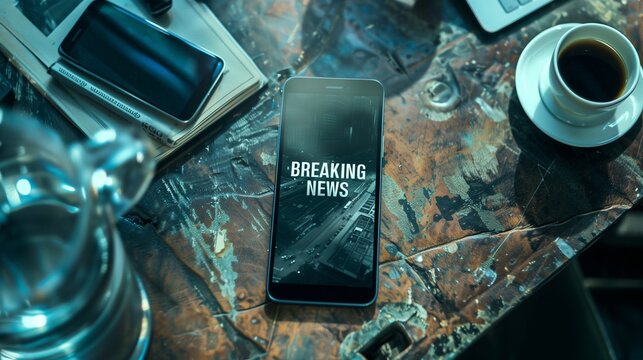 Smartphone displaying BREAKING NEWS text on screen, symbolizing online journalism and real-time news updates. Ideal for illustrating digital media and mobile news consumption.