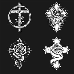 Fototapeta premium Biker style tattoo Christian crosses with crucifix and rose. Vector set of EPS 10 sketches