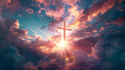 Fototapeta premium Aluminum cross shining with divine light, fiery sky, enshrouding clouds, creating a mystical and sacred atmosphere