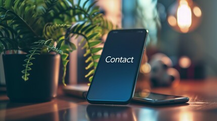 Smartphone displaying Contact Us with a call symbol, representing business communication and customer service.