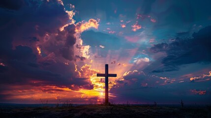 Fototapeta premium Aluminum cross shining with divine light, fiery sky, enshrouding clouds, creating a mystical and sacred atmosphere