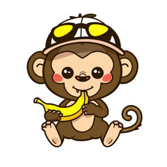 Obraz premium Sticker of cute cartoon monkey wearing sun visor and eating banana