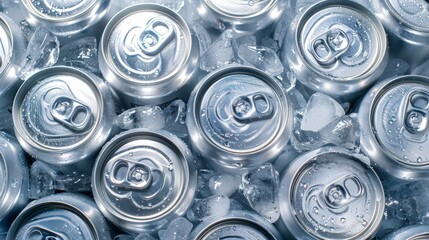 Chilled aluminum cans in ice, top view of refreshing cold drink in realistic photo