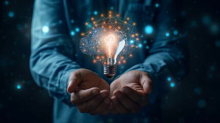 Hands of a businessman holding a glowing light bulb and a floating cloud computing icon, surrounded by digital network lines and data nodes, symbolizing innovation and connectivity in cloud solutions