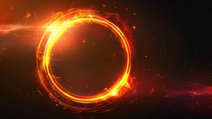 Glowing fire circle ring on black background with red and yellow light flare, space portal concept