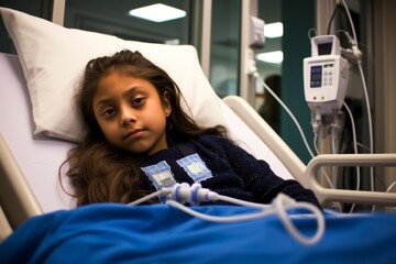 A young Hispanic girl, 9 years old, being treated for diabetes with an insulin pump in a hospital room