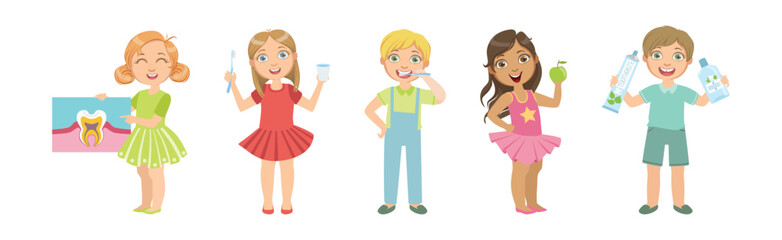 Oral Care and Mouth Hygiene with Kid Character and Tool Vector Set