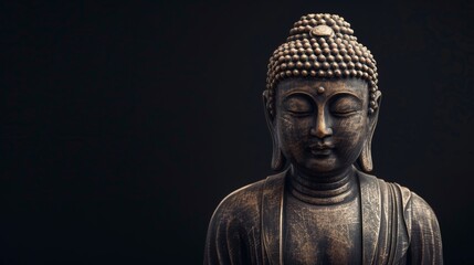 buddha statue on a dark background with copyspace for text