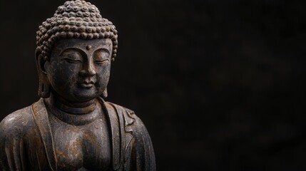 Obraz premium buddha statue on a dark background with copyspace for text