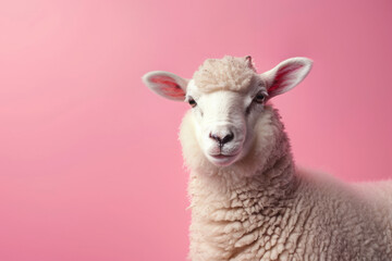 Fototapeta premium sheep on pastel pink background with copy space for text