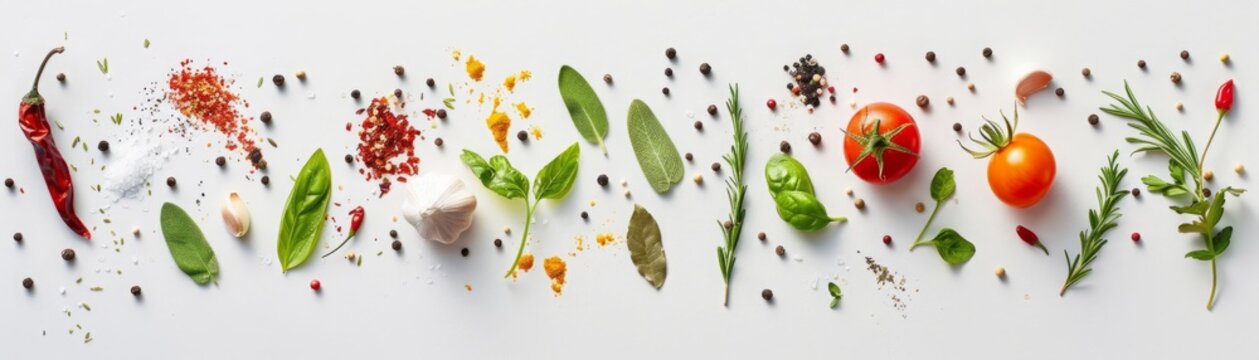 kitchen utensils, vegetables, spices and others arranged on white background
