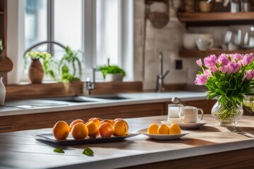 Inviting kitchen setting adorned with fresh flowers during breakfast.