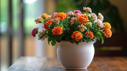 The flowers in the white pot give off a simple yet elegant impression The combination of the beauty of the flowers and the white pot color creates a clean and charming appearance