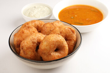 Vada or Medu vadai with sambar and chutney - Popular South Indian snack or breakfast