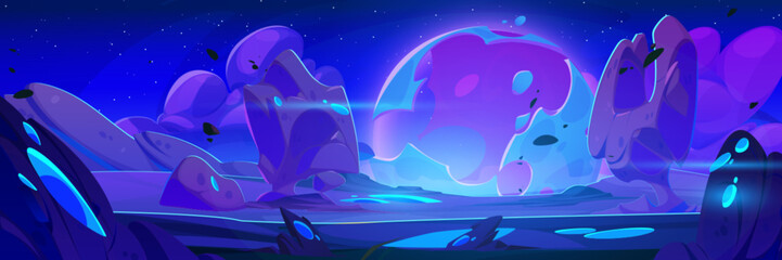 Purple alien planet surface with rocks and mountains, blue neon glow crystals and celestial body in sky. Dark night cosmos landscape. Game cartoon fantasy cosmic world. Outer space ground scene.