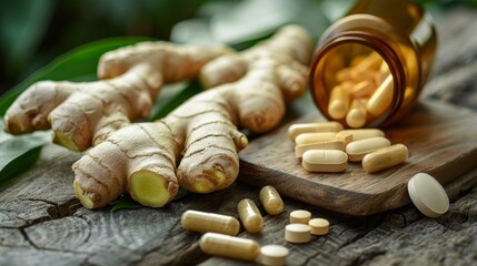 Fresh ginger root jar alongside vitamin pills, natural background, highlighting the essence of medicine and nutritional supplements