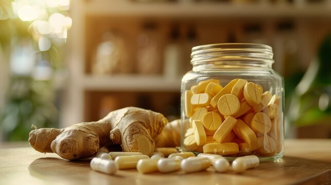 Fresh ginger root jar alongside vitamin pills, natural background, highlighting the essence of medicine and nutritional supplements