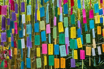 Hanging on bamboo branches are small pieces of thin colored paper (tandzaku) with wishes written on them. The symbol of the Japanese Tanabata holiday