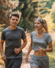 Obraz premium Young couple running in sportswear on a sunny day in the park. Lead an active and healthy lifestyle
