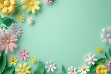 Obraz premium Spring Floral Border on Green Background - Perfect for Greeting Cards, Posters, and Prints